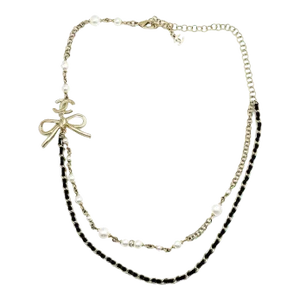 Chanel Light Gold CC Ribbon Bow Pearl Leather Chain Short Necklace