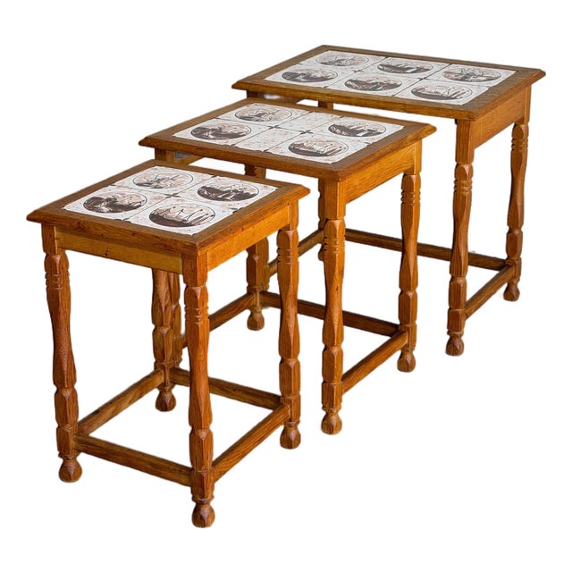 Oak Nesting Tables Set of 3 Ceramic Tile Top Accent End Side Tables Vintage 1970s For Sale
