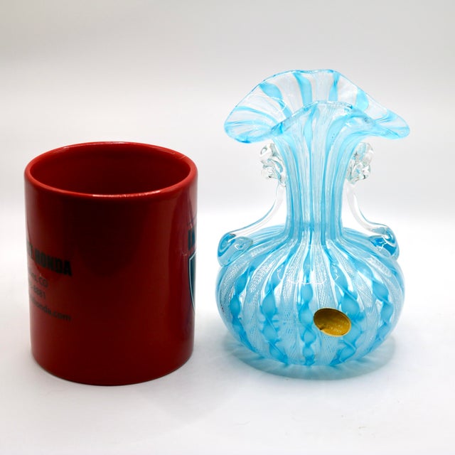 Mid-Century Murano Twin-Handled Latticino Art Glass Vase - Circa 1950s For Sale - Image 11 of 11