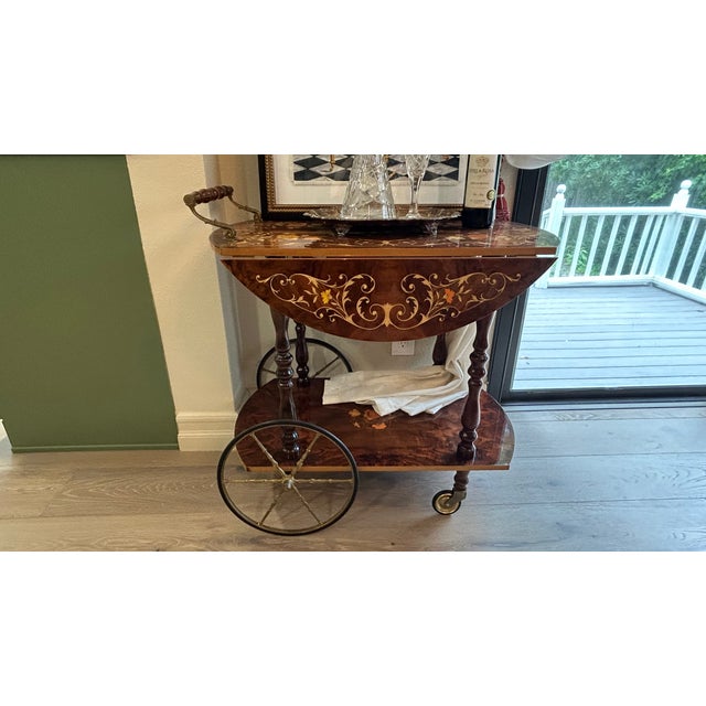 Hollywood Regency Sorrento Marquetry Drop-Leaf Bar Cart (Walnut) For Sale - Image 3 of 3