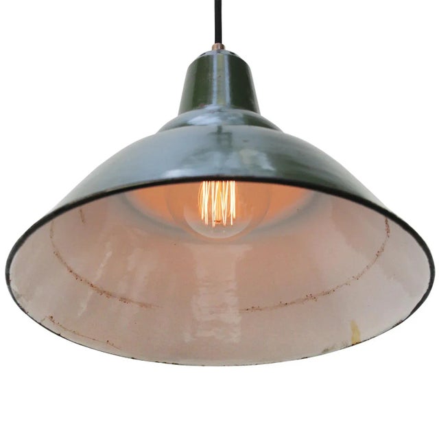 Industrial Vintage British Industrial Green Enamel Pendant Light For Sale - Image 3 of 5