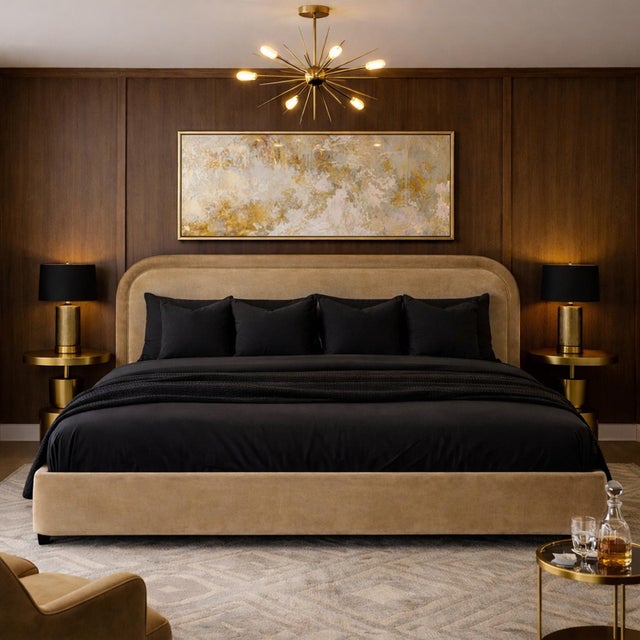 Wood Renfrow Velvet Rounded Midcentury Modern King Bed Frame For Sale - Image 7 of 7