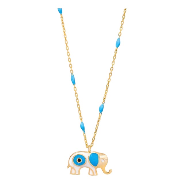 Wishful Elephant & Evil Eye Turquoise Enamel Pendant Gold Chain Necklace For Sale