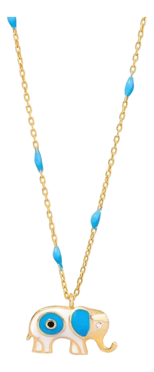 Wishful Elephant & Evil Eye Turquoise Enamel Pendant Gold Chain Necklace
