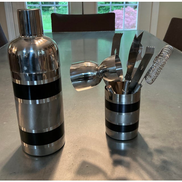 A sophisticated and complete vintage barware collection featuring the striking and highly sought-after "Tuxedo Stripe"...