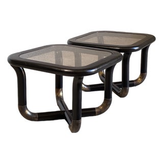 Vintage Bold Black and Brass Side Tables With Smoked Glass - A Pair For Sale
