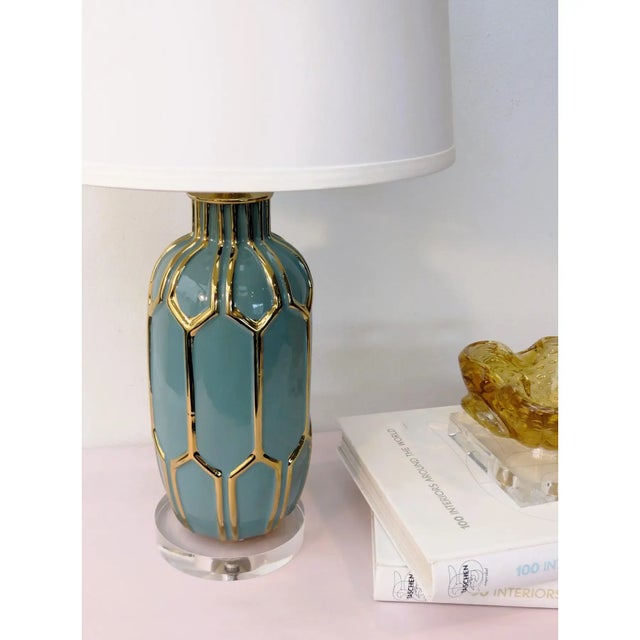 Ultra Glam Hollywood Regency Style Ceramic Lamp in Blue/Green ( think the color of that famous jewelry store on 5th Ave...