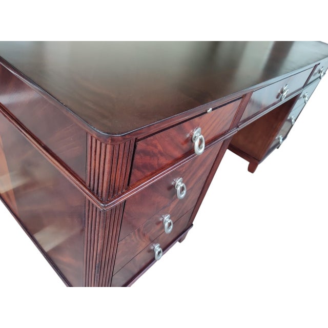 Restored French Art Deco Executive Desk | 72" Sunburst Veneer Pedestal Desk For Sale - Image 10 of 16