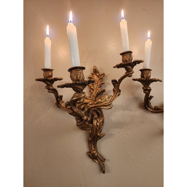 Brass Antique Art Nouveau Pair Heavy Cast Gilt Brass 3 Light Wall Sconces With Aged Patina For Sale - Image 8 of 16