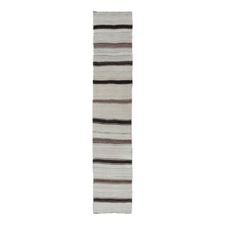 Mid 20th Century Vintage Turkish Striped Kilim Runner in White Black Brown and Tan For Sale