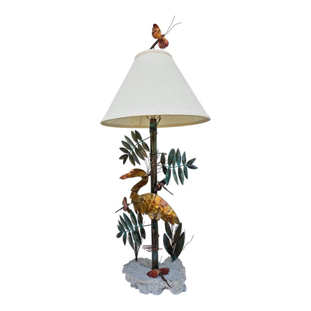 Folk Art Copper and Metal Bird & Dragonfly Table Lamp For Sale