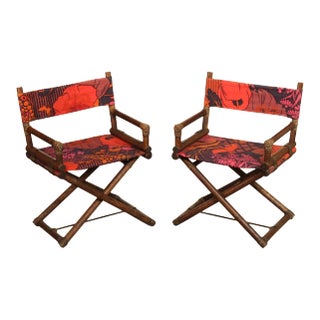 Campaign Style Oak Frame Directors' Chairs Attributed to McGuire Furniture - A Pair For Sale