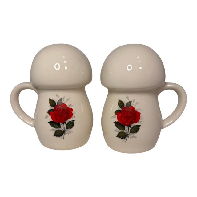 Vintage 1970s Roses Mushroom Handles Salt Pepper Shakers Cottage Grannycore Retro - a Pair For Sale