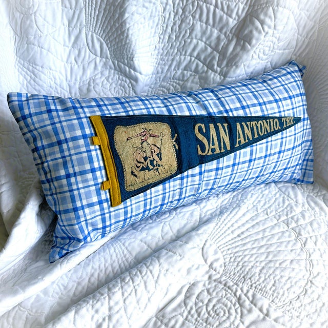 Description: Vintage Felt Pennant from around the 1950s. Unknown Date. New blue and white plaid woven cotton fabric used...