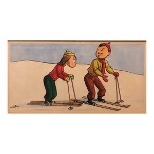 William Steig (b.1907)Whimsical Illustration Skiing Cartoon, 1938 Mt Tremblant Ski Lodge William Steig, 1938