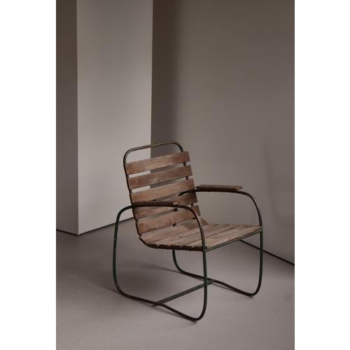 Green Swedish Iron Garden Armchair with Green Lacquered Wooden Slats, 1930s For Sale - Image 8 of 15