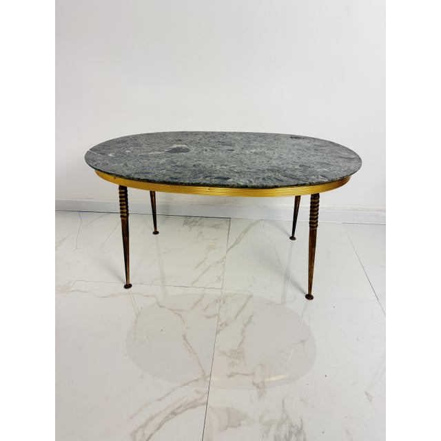 Oval Brass Coffee Table with Green Marble Top, 1950s For Sale - Image 10 of 10