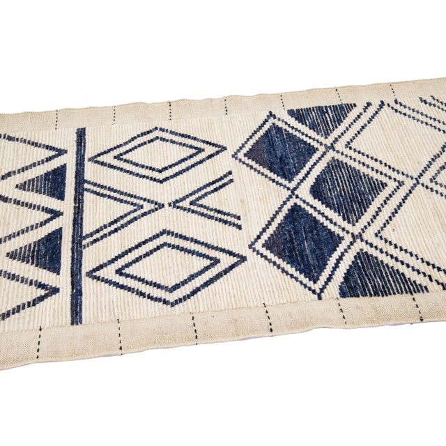Beige Modern Moroccan Style Handmade Wool Runner With Tribal Motif For Sale In New York - Image 6 of 7