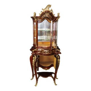 Late 19th Century Signed J.Groschkus Abalone & Mother of Pearl Figural Bronze Bowed Glass Vitrine For Sale