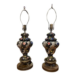 Italian Gold Painted Porcelain Brass Base Table Lamps - a Pair For Sale
