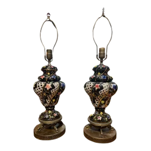 Italian Gold Painted Porcelain Brass Base Table Lamps - a Pair