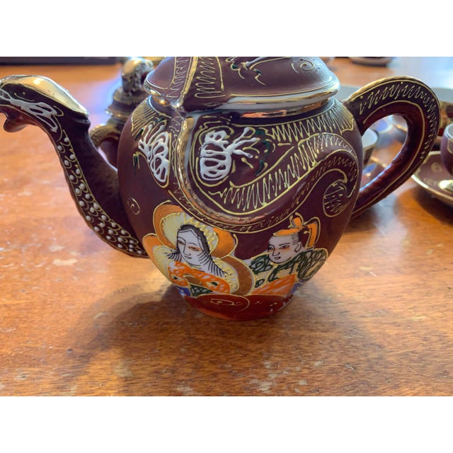 Brown Mid 20th Century Japanese Dragonware Moriage Tea Set Kutani Lithophane Serves 8 For Sale - Image 8 of 12