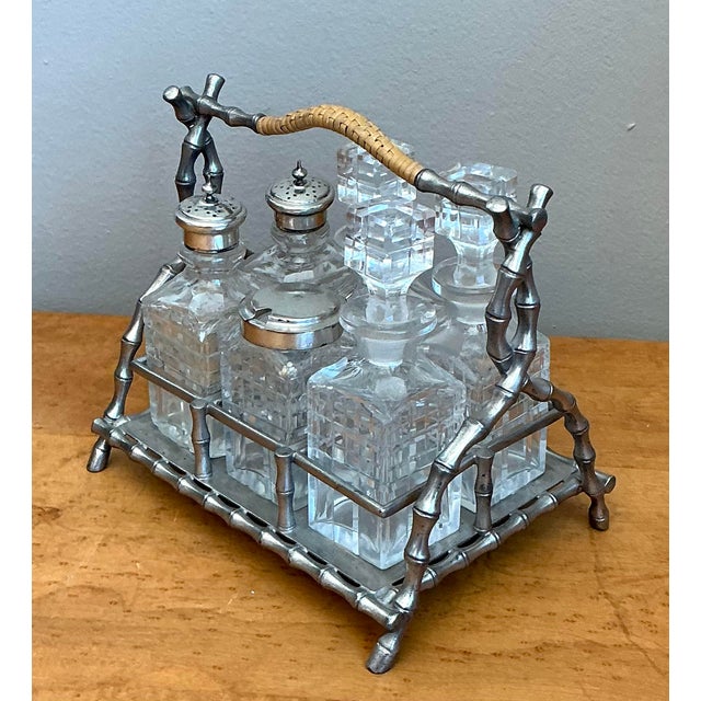 Wood Vintage 19th Century Sheffield Bamboo Plate Cruet Set of 7 For Sale - Image 7 of 12