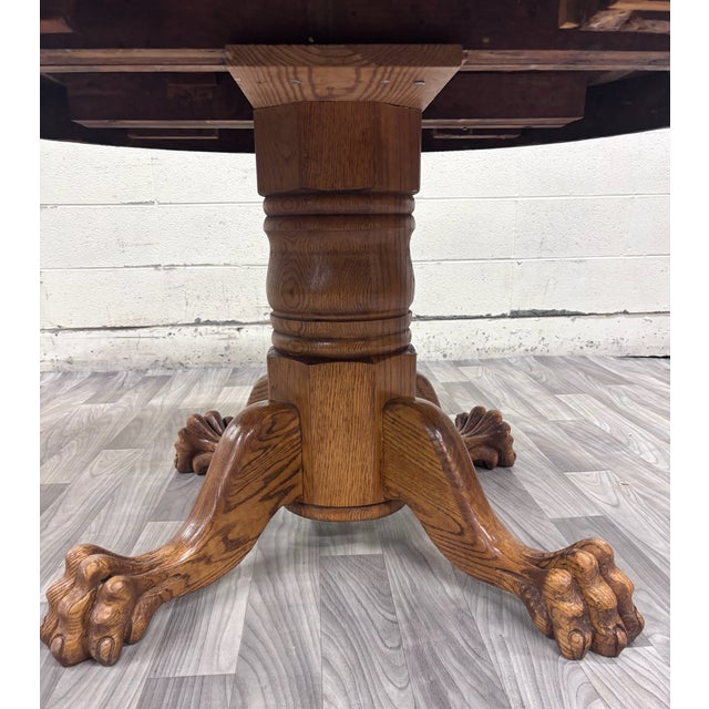 Antique Victorian 48 Inch Round Tiger Oak Claw Foot Pedestal Dining Table For Sale - Image 9 of 15
