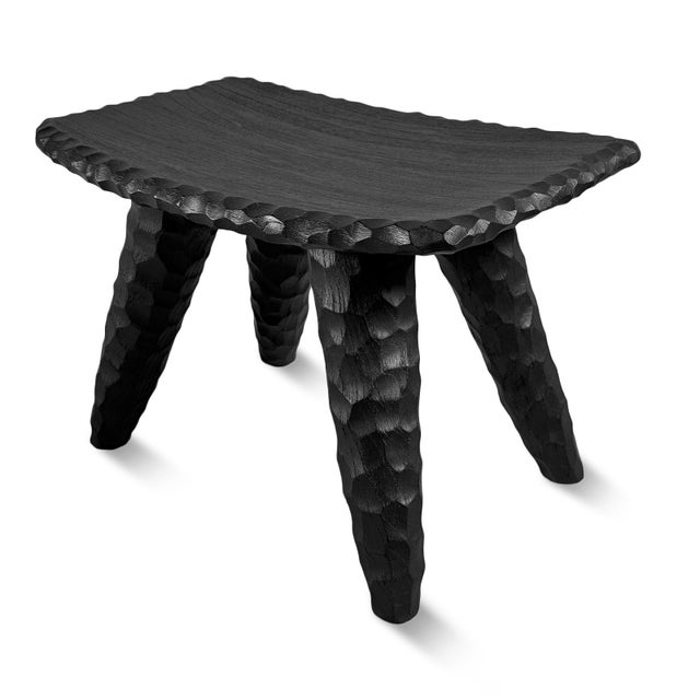 Black Modern Tribal Black Chiseled Leg Wood Low Stool For Sale - Image 8 of 12