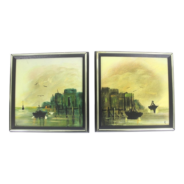 Signed Vintage Oil Paintings, Marina Sailboats, Mid-Century Nautical Art Framed, a Pair For Sale