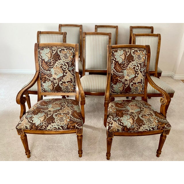 Vintage Ethan Allen French Regency Louis XVI Carved Cherry Wood Upholstered Addison Townhouse Dining Chairs, Set of Eight...