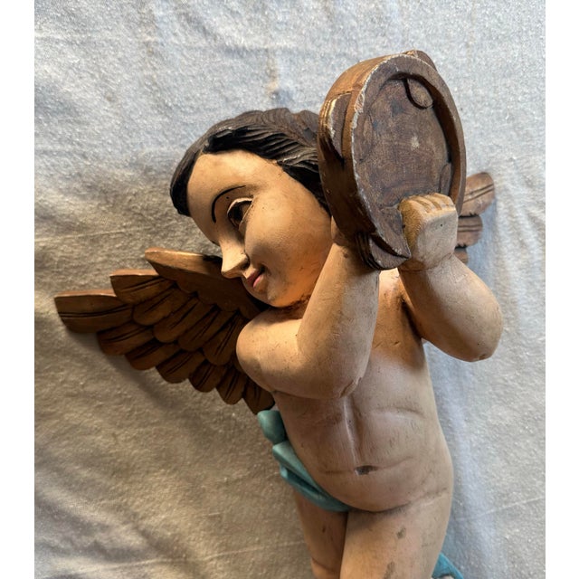 Baroque 19th Century Large Polychrome Italian Wooden Carved Putto Angel For Sale - Image 3 of 14