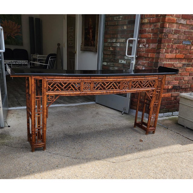 Chinoiserie Late 20th Century Monumental Antique Style Chinese Bamboo Alter Console Table With Black Lacquer Top For Sale - Image 3 of 16