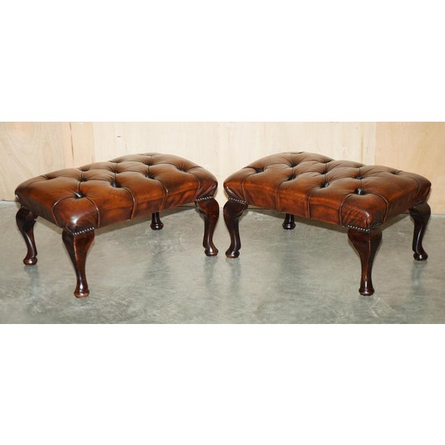 Chesterfield Wingback Chairs and Ottomans in Brown Leather, Set of 4 For Sale - Image 16 of 18
