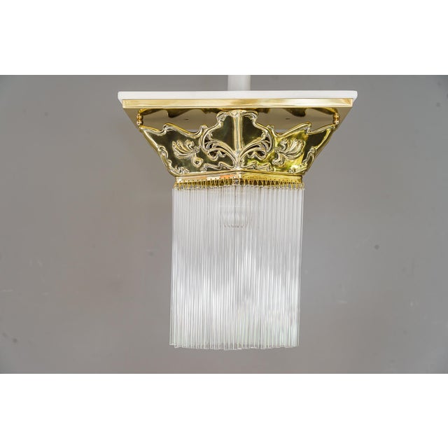Jugendstil ceiling lamp vienna around 1908 ( floral ) Brass polished and stove enameled The glass sticks are replaced (...