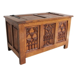 Antique 19th Century French Gothic Revival Blanket Chest in Carved Oak and Forged Iron, 1880 For Sale