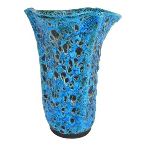 1960 Mid-Century Signed Vallauris France Ceramic Pottery Glazed Turquoise & Black Vase