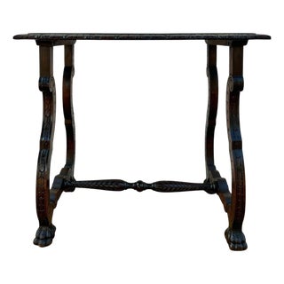 Early 19th Century Baroque Spanish Side Table with Lyre Legs and Marquetry Top For Sale