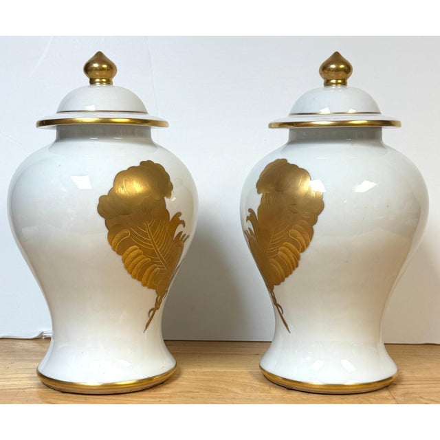 Pair Maison Jansen Style Porcelaine de Paris Covered Urns Gilt Feather Motif For Sale - Image 9 of 18