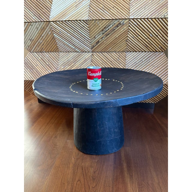 Rustic Vintage 22” Black Cerused Wood Low Table With Brass Accents For Sale - Image 3 of 16