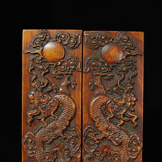Art Deco Carved Rosewood Double Dragon & Flaming Pearl Paperweights / Decorative Panels - A Pair For Sale - Image 3 of 9