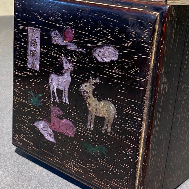 Brown Vintage Rosewood & Mother-of-Pearl Inlay Treasure Box – Deer & Floral Motif For Sale - Image 8 of 8