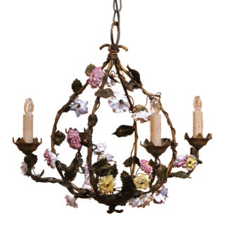 Early 20th C. French Four-Light Floral Tole Chandelier With Porcelain Flowers For Sale