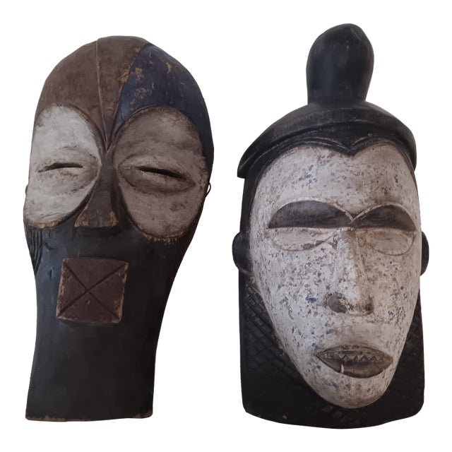 Extraordinary Vintage African Tribal Mask Pair – Dramatic Hand Carved Wall Sculptures For Sale