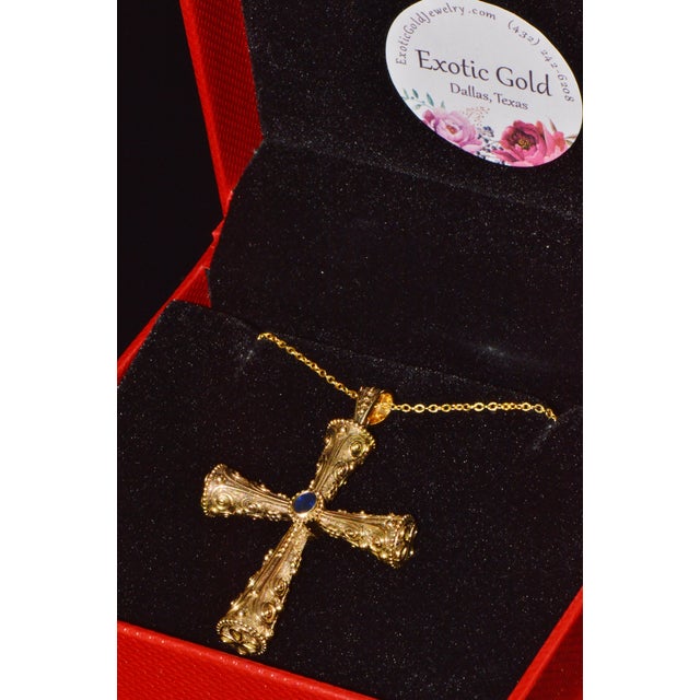 Certified Natural 0.88Cts Diamond Sapphire 18k 750 Solid Gold Filigree Cross Byzantine Greek Reversible 2-in- 1 Pendant For Sale - Image 12 of 12