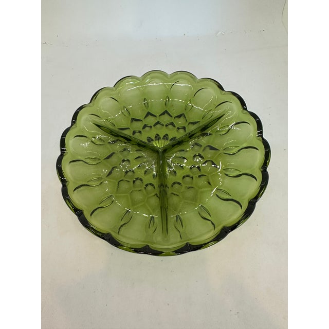 Mid-century Anchor Hocking,Fairfield pattern in avocado green three part divided relish dish. Beautiful floral design in...