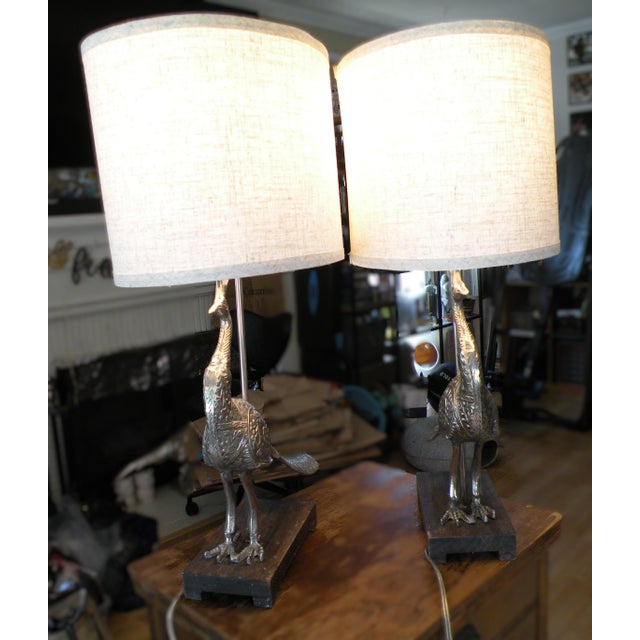 Metal Gorgeous Ornate Medium Sized Aluminum Peacock Table Lamps For Sale - Image 7 of 10