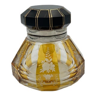 Vintage Glass & Enamel Inkwell – Octagonal Cut Glass With Black & Gold Hinged Lid – Decorative Desk or Vanity Accent For Sale