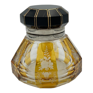 Vintage Glass & Enamel Inkwell – Octagonal Cut Glass With Black & Gold Hinged Lid – Decorative Desk or Vanity Accent