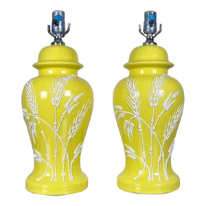 Mid 20th Century Palm Beach Regency Ceramic Ginger Jar Table Lamps With Wheat Stalks, Pair